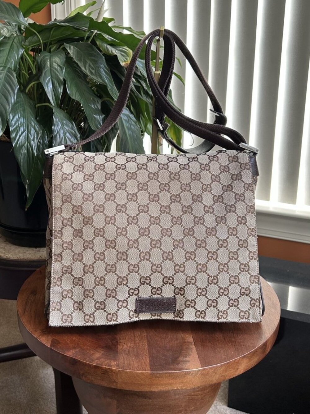GUCCI GG Monogram Flap Messenger Bag, Beige, Dark Brown